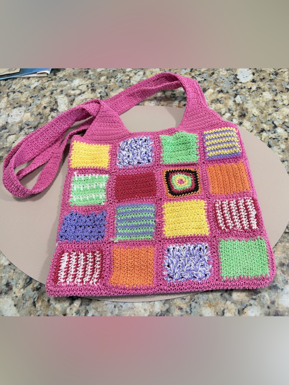 Pink Crochet Patchwork Shoulder Bag with Bright Multicolor Squares